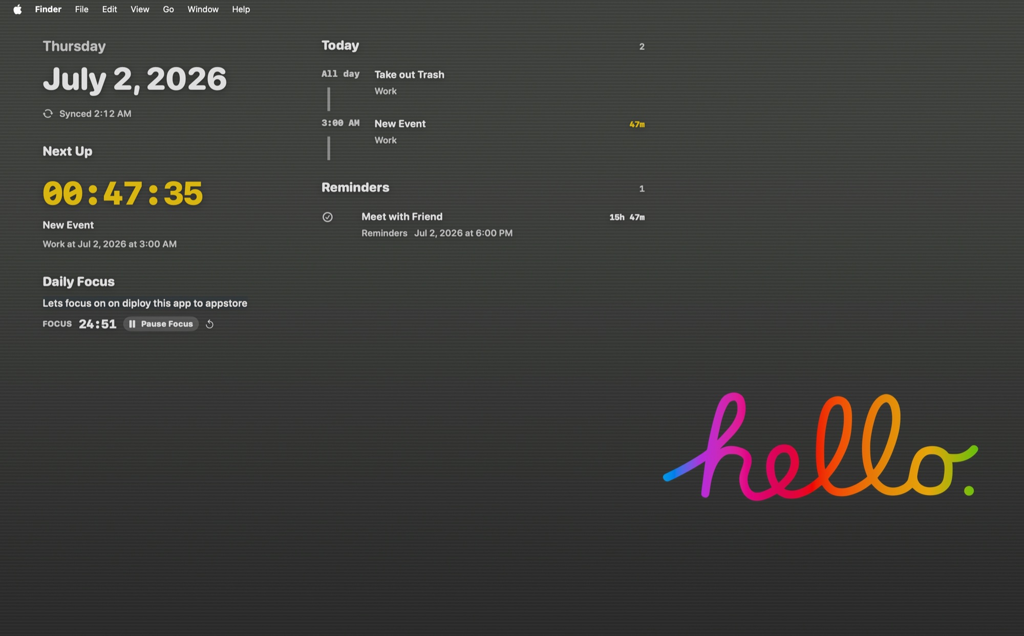DashWall displaying Calendar events, reminders, a countdown, Daily Focus, and a Pomodoro timer on a Mac desktop